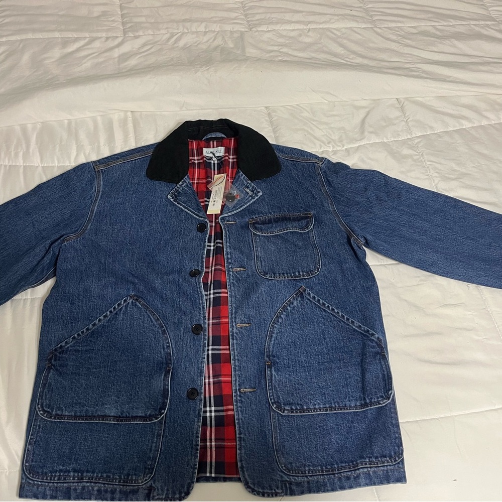 Alex Mill Men's Blue Denim Jacket with Black Collar and Plaid Inside